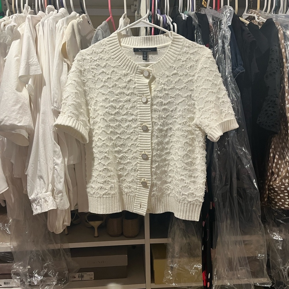 White House Black Market Ecru  Boucle Elbow Sleeve Cardigan